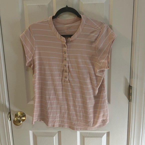 Calvin Klein Sleeveless Pink Stripe Ribbed Top with Silver Button Detail - Picture 2 of 9